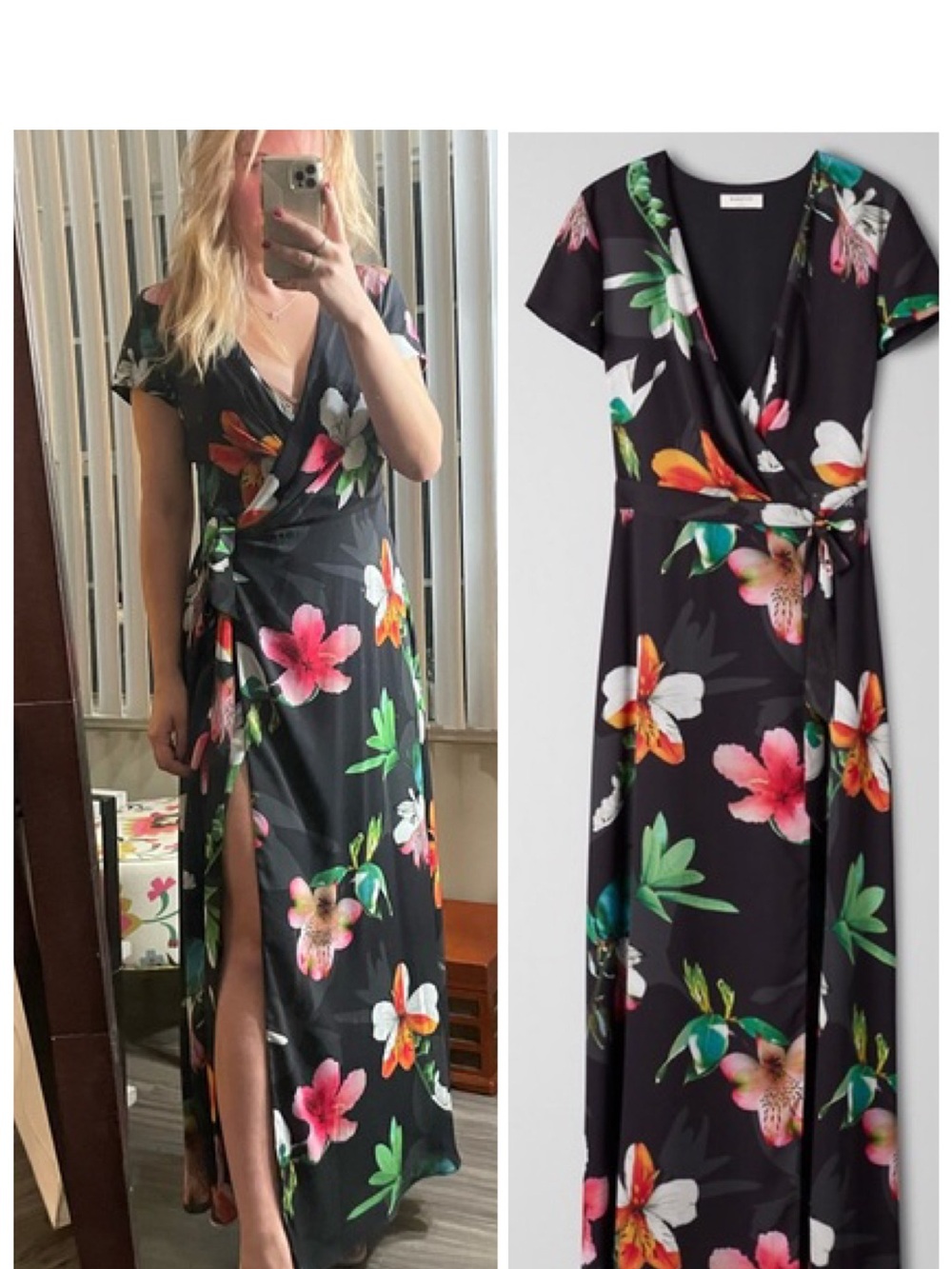 Babaton Black Floral Wrap Maxi Dress with Floral Pink & Green